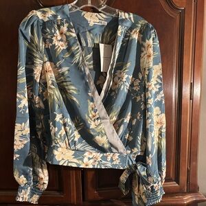 Tropical Floral Faux Wrap Blouse in Blue with Tie Waist and Bubble Sleeves